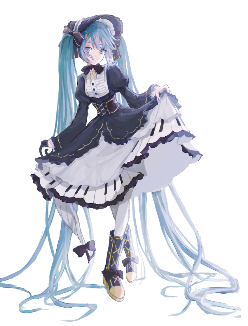 1girl absurdly_long_hair absurdres aqua_eyes aqua_hair black_dress black_headwear bonnet borrowed_design corset crossed_legs dress full_body hair_ornament hatsune_miku head_tilt highres juliet_sleeves long_hair long_sleeves michiki_kokuyou musical_note_hair_ornament piano_print puffy_sleeves ribbon sideways_glance skirt_hold smile solo standing transparent_background treble_clef twintails very_long_hair vocaloid yuki_miku