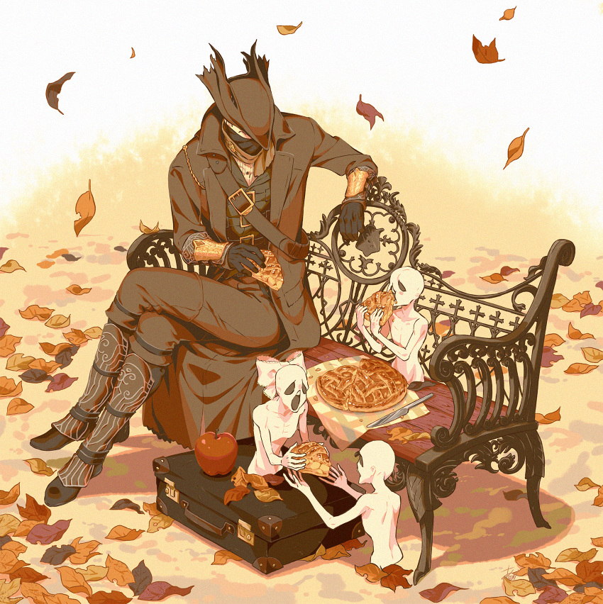 1boy apple apple_pie arizuka_(catacombe) autumn_leaves bangs bench black_footwear black_gloves bloodborne brown_background brown_coat brown_headwear brown_pants closed_mouth coat crossed_legs eating facing_another food fruit gloves highres hollow_eyes hunter_(bloodborne) knife long_sleeves mask messengers_(bloodborne) mouth_mask open_mouth pants red_apple sitting suitcase white_background