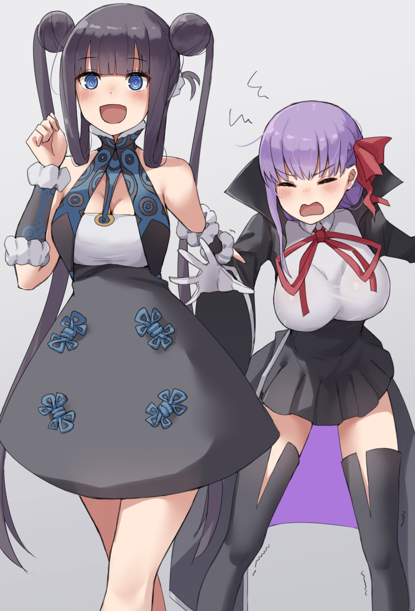 2girls @_@ absurdres bangs bare_shoulders bb_(fate) bb_(fate/extra) black_coat black_dress black_skirt blue_eyes blush breasts closed_eyes coat detached_sleeves double_bun dress fate/extra fate/extra_ccc fate/grand_order fate_(series) gloves hair_ribbon high-waist_skirt highres kopaka_(karda_nui) large_breasts leotard long_hair long_sleeves looking_at_viewer multiple_girls neck_ribbon open_clothes open_coat open_mouth popped_collar purple_hair red_ribbon ribbon sidelocks skirt smile thighs twintails very_long_hair white_gloves white_leotard wide_sleeves yang_guifei_(fate)