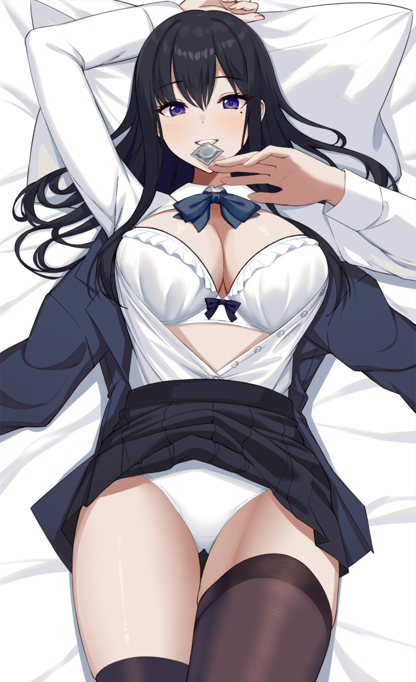 1girl arm_up black_hair black_legwear bow bowtie bra breasts cleavage clothes_lift collar commentary condom condom_wrapper highres large_breasts looking_at_viewer open_clothes original panties purple_eyes seductive_smile single_thighhigh skirt skirt_lift smile sukebewe thighhighs unbuttoned unbuttoned_shirt underwear white_bra white_panties