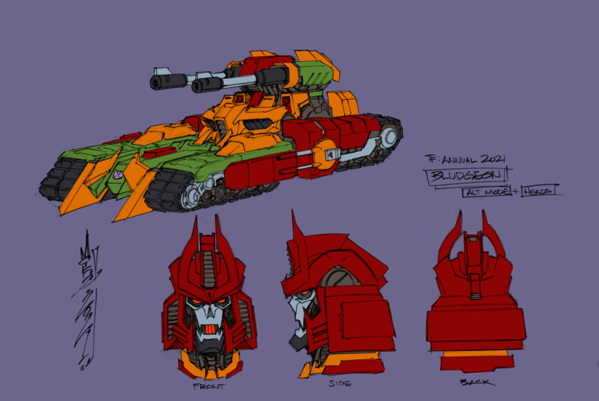 1boy 2021 alex_milne armor bludgeon character_sheet decepticon evil full_body green_armor ground_vehicle head mecha military military_vehicle motor_vehicle official_art orange_armor purple_background red_armor red_eyes red_headwear samurai science_fiction signature tank tank_turret the_transformers_(idw) transformers