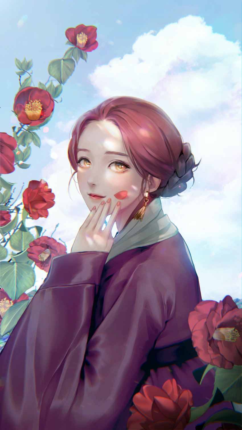 1girl absurdres braid braided_bun camellia chromatic_aberration cloud day earrings fingernails flower from_side hair_bun hanbok hand_on_own_cheek hand_on_own_face hand_up highres jewelry korean_clothes korean_commentary kunmang light_smile lips looking_at_viewer original outdoors parted_hair petal_on_face purple_robe red_hair red_lips red_nails robe shade short_hair sleeves_past_wrists solo tassel tassel_earrings upper_body yellow_eyes