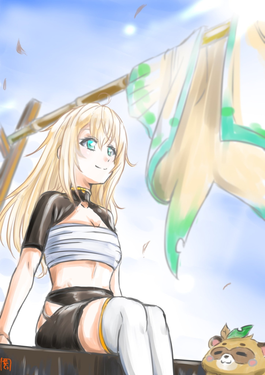1girl bandages bandeau bangs black_shorts blonde_hair blue_sky breasts chest_sarashi cleavage commentary_request day feet_out_of_frame green_eyes hair_between_eyes highres hololive kazama_iroha leaf leaf_on_head long_hair midriff mukago outdoors sarashi short_sleeves shorts shrug_(clothing) sitting sky small_breasts smile solo strapless thighhighs tube_top virtual_youtuber white_legwear
