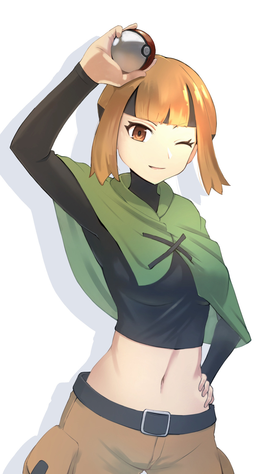 1girl absurdres arm_up bangs belt black_belt black_hair black_shirt blunt_bangs breasts brown_shorts capelet commentary_request cowboy_shot crop_top cropped_shirt drop_shadow gardenia_(pokemon) green_capelet hand_on_hip highres holding holding_poke_ball looking_at_viewer mango_(hebimango) medium_breasts midriff multicolored_hair navel one_eye_closed orange_eyes orange_hair parted_lips partial_commentary poke_ball poke_ball_(basic) pokemon pokemon_(game) pokemon_dppt shadow shirt short_hair shorts sidelocks simple_background smile solo standing two-tone_hair white_background