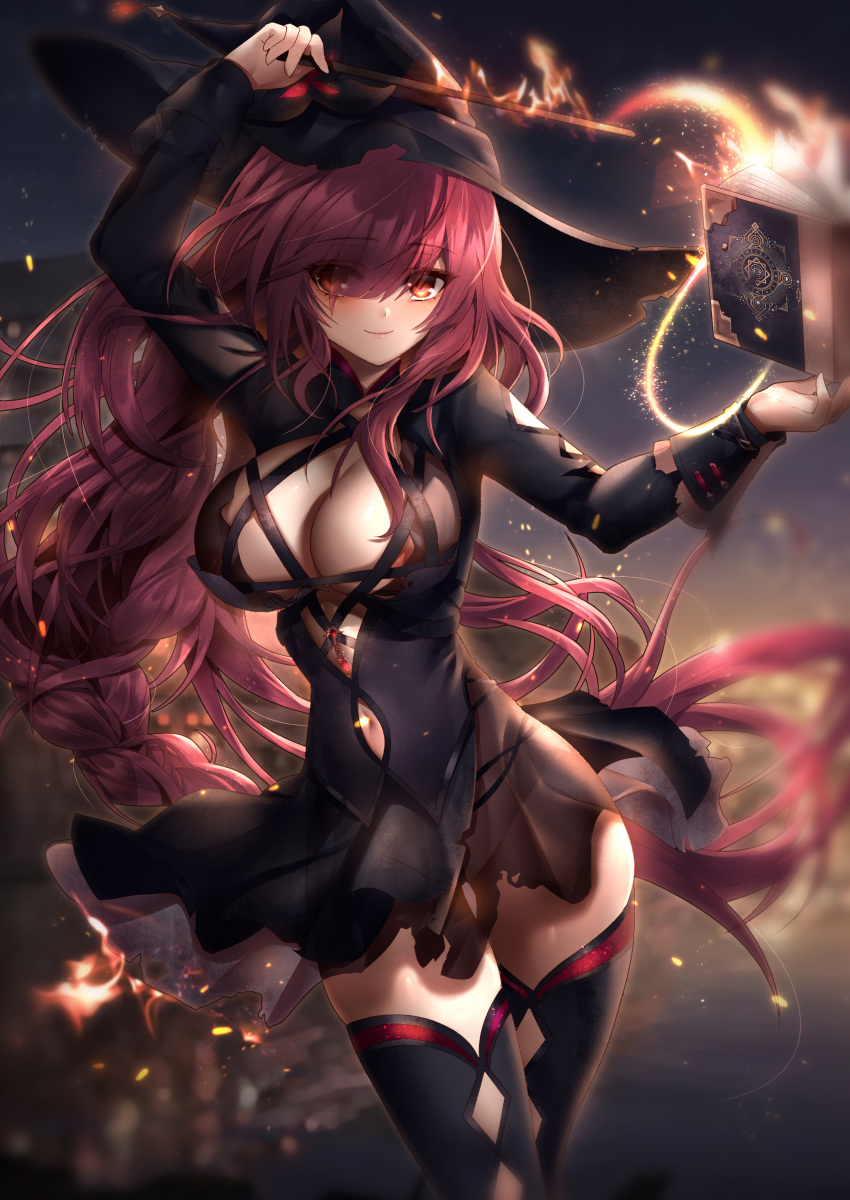 1girl absurdres arm_up bangs been black_dress black_headwear black_legwear blurry blurry_background book braid braided_ponytail breasts cleavage closed_mouth clothing_cutout dress elesis_(elsword) elsword eyebrows_visible_through_hair eyes_visible_through_hair floating_hair hair_between_eyes hat highres holding holding_wand large_breasts long_hair long_sleeves looking_at_viewer navel navel_cutout nipples red_eyes red_hair short_dress smile solo standing thighhighs torn_clothes torn_dress very_long_hair wand witch_hat zettai_ryouiki