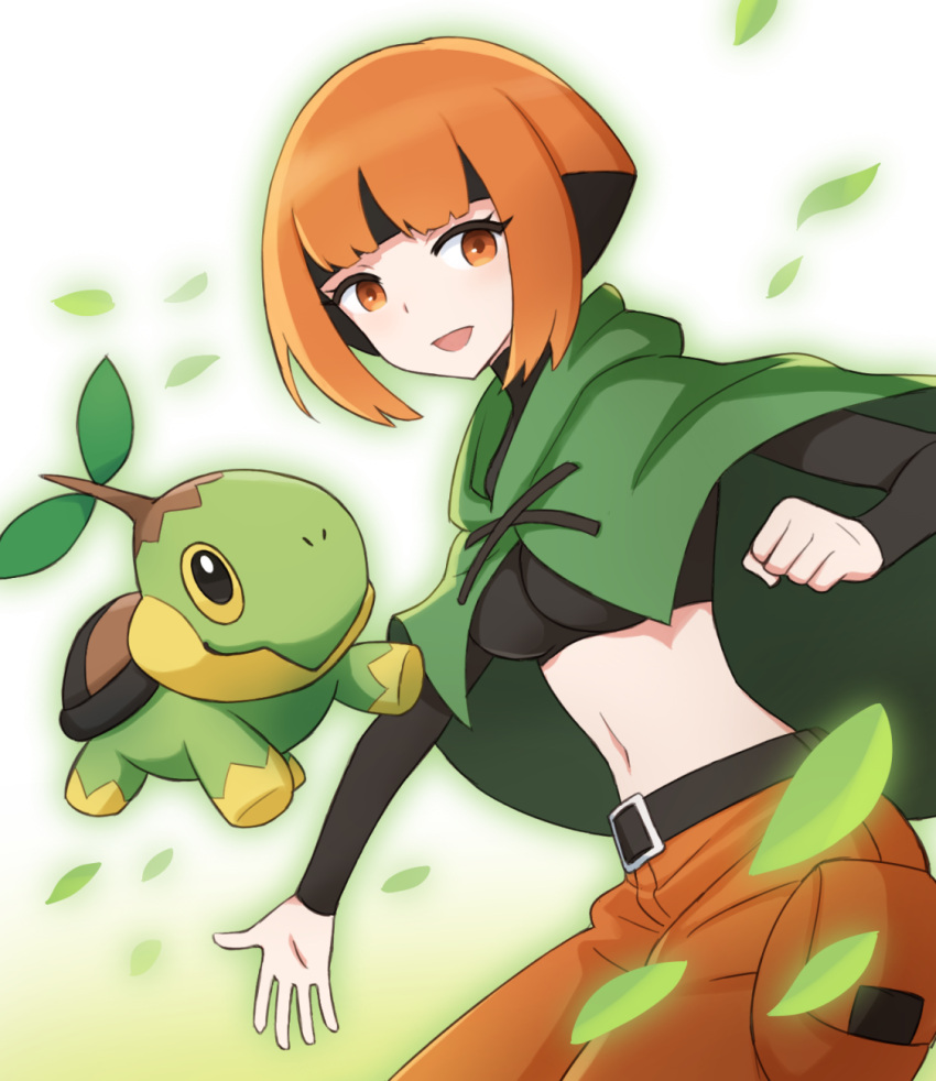 1girl 1other :d bangs belt black_belt black_hair black_shirt blunt_bangs breasts brown_eyes brown_hair brown_shorts capelet clenched_hand commentary_request cowboy_shot crop_top cropped_shirt gardenia_(pokemon) green_capelet highres leaf long_sleeves looking_at_viewer medium_breasts midriff multicolored_hair navel open_mouth outline partial_commentary pokemon pokemon_(creature) pokemon_(game) pokemon_dppt roozin shirt short_hair shorts sidelocks simple_background smile standing turtwig two-tone_hair white_background