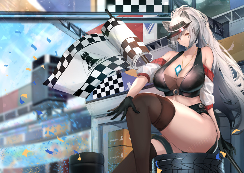 1girl absurdres animal_ears arknights bare_shoulders between_breasts black_gloves black_legwear blue_sky breasts cat_ears checkered checkered_flag commentary confetti crop_top dated_commentary flag gloves grey_eyes highres large_breasts long_hair looking_at_viewer midriff off_shoulder outdoors rhodes_island_logo schwarz_(arknights) silver_hair sky solo thick_thighs thighhighs thighs very_long_hair visor_cap yujieai