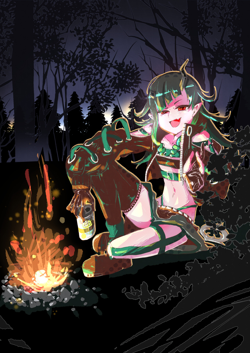 1girl absurdres bane_mk-2 bangs belt beltbra black_footwear black_gloves black_hair black_jacket black_legwear black_skirt black_sports_bra blue_belt blue_hair campfire chest_belt clothing_cutout commentary_request cross-laced_sleeves demon_girl demon_horns demon_tail fang fire flat_chest forest full_body gloves grey_skirt highres horns jacket layered_skirt long_hair long_sleeves looking_at_viewer midriff multicolored_hair nature navel night open_mouth pointy_ears red_eyes shishio_chris shoulder_cutout single_thighhigh sitting skin_fang skirt smile solo sports_bra strong_zero sugar_lyric tail thighhighs tree two-tone_hair virtual_youtuber zipper_skirt