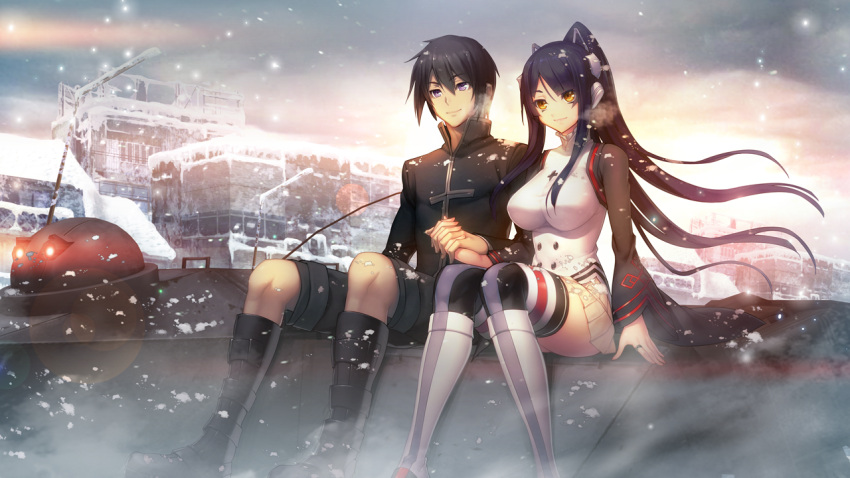 1boy 1girl black_hair black_jacket black_legwear black_shorts boots breasts closed_mouth couple floating_hair game_cg gijou_mitsumi grey_ribbon hair_ribbon hetero holding_hands interlocked_fingers jacket jewelry knee_boots large_breasts long_hair long_sleeves miniskirt nagaoka_souun official_art oosaki_shin'ya outdoors pleated_skirt purple_eyes ribbon ring short_hair shorts sitting skirt smile snow thighhighs tokyo_necro very_long_hair white_skirt wide_sleeves yellow_eyes