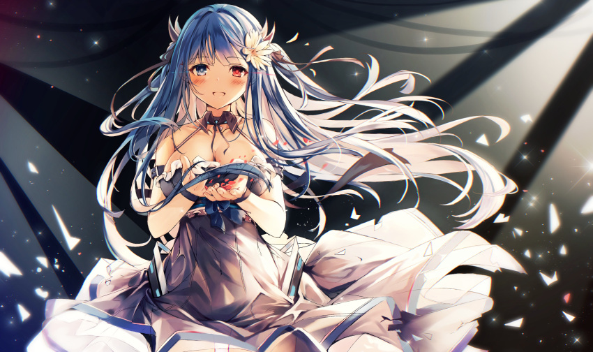 1girl alternate_costume azur_lane backlighting bare_shoulders black_background blue_eyes blue_hair blush breasts cleavage collarbone commentary dress english_commentary evening_gown heaven's_melody heterochromia highres holding holding_petal horns ibuki_(azur_lane) large_breasts long_hair looking_at_viewer open_mouth petals red_eyes sleeveless sleeveless_dress smile solo standing upper_body wrist_cuffs