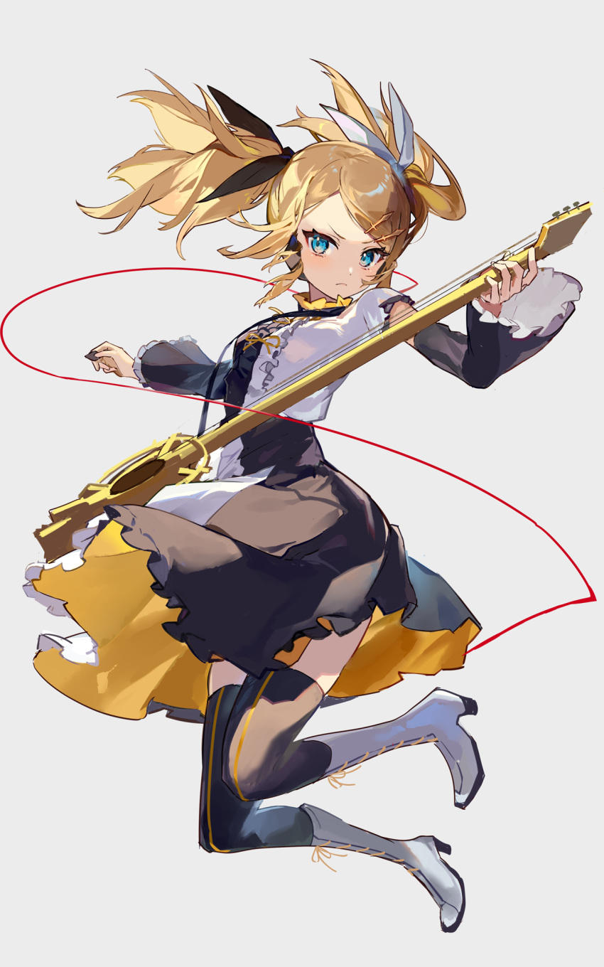 1girl black_legwear blonde_hair blue_eyes boots bow commentary cross-laced_footwear dress frilled_skirt frilled_sleeves frills grey_background guitar hair_bow hair_ornament hairclip highres holding holding_instrument holding_plectrum instrument kagamine_rin kagamine_rin_(roshin_yuukai/hard_rkmix) karasu_btk knee_boots lace-up_boots light_frown midair plectrum roshin_yuukai_(vocaloid) short_hair simple_background skirt solo thighhighs twintails v-shaped_eyebrows vocaloid wide_sleeves