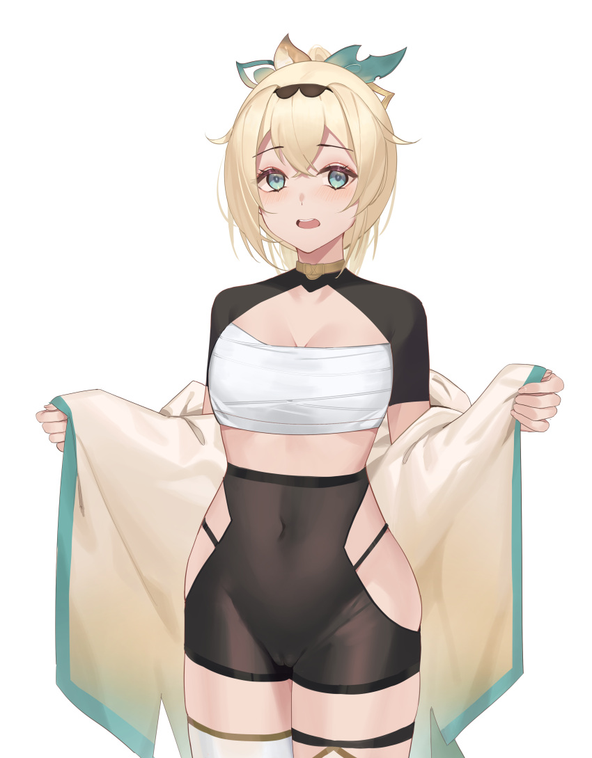 1girl absurdres bangs blonde_hair blush breasts cameltoe chest_sarashi choker cleavage covered_navel cowboy_shot green_eyes groin hair_ornament hairband highres hololive japanese_clothes jmao kazama_iroha kimono looking_at_viewer medium_hair open_clothes open_kimono open_mouth ponytail sarashi shrug_(clothing) simple_background solo teeth thighhighs upper_teeth virtual_youtuber white_background