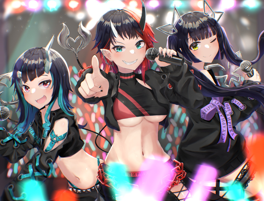 3girls absurdres akagane_mic bangs belt black_hair black_jacket black_nails black_skirt blue_belt blue_eyes blue_hair breasts closed_mouth clothing_cutout commentary_request cowboy_shot crop_top cropped_jacket cross-laced_sleeves cyrillic demon_girl demon_horns ear_chain ear_piercing fang grin highres holding holding_microphone horns jacket kojo_anna large_breasts long_hair long_sleeves looking_at_viewer microphone midriff multicolored_hair multiple_girls nail_polish navel one_eye_closed open_clothes open_mouth piercing pointing pointing_at_viewer pointy_ears purple_hair red_eyes red_hair ryugasaki_rene shishio_chris short_hair shoulder_cutout skin_fang skirt smile sugar_lyric tail twintails two-tone_hair underboob virtual_youtuber yellow_eyes