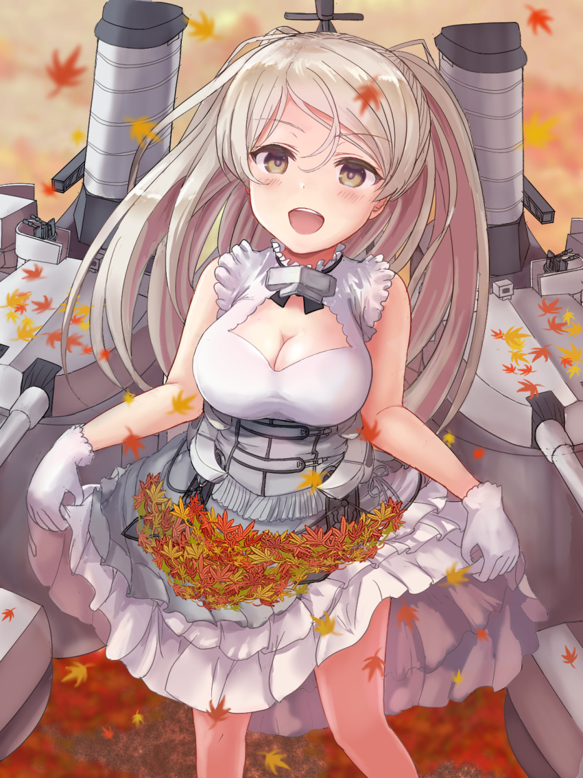 1girl armpit_cutout autumn_leaves blush breasts brown_eyes cannon cleavage cleavage_cutout clothing_cutout conte_di_cavour_(kancolle) corset dress em_s eyebrows frilled_dress frills gloves highres kantai_collection large_breasts layered_dress long_hair looking_at_viewer machinery open_mouth outdoors remodel_(kantai_collection) silver_hair skirt_hold smile smokestack solo turret two-tone_dress two_side_up white_dress white_gloves