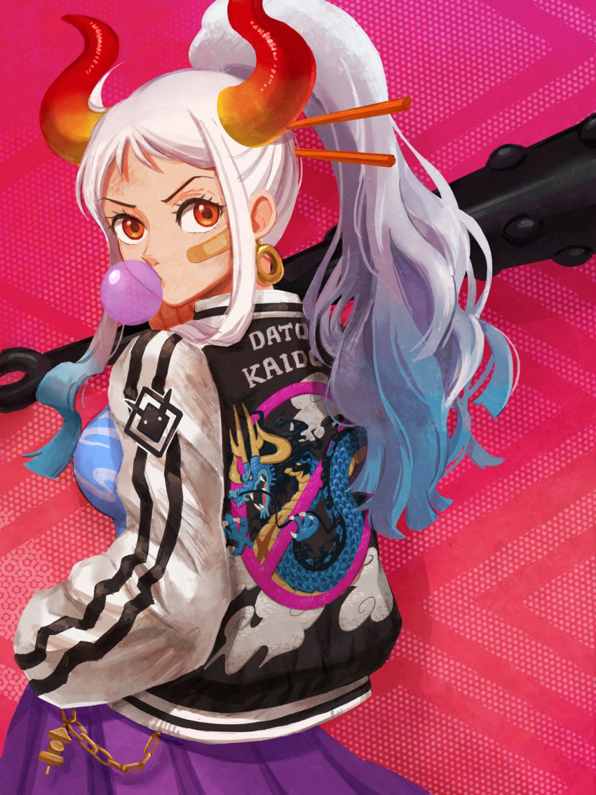 1girl aqua_hair artist_request bandaid bandaid_on_face blush chewing_gum club_(weapon) delinquent earrings eyelashes gradient_hair grey_hair hair_ornament highres horns jacket jewelry kaidou_(one_piece) long_hair looking_at_viewer multicolored_hair one_piece ponytail punk purple_skirt red_eyes skirt solo source_request standing weapon white_hair yamato_(one_piece)