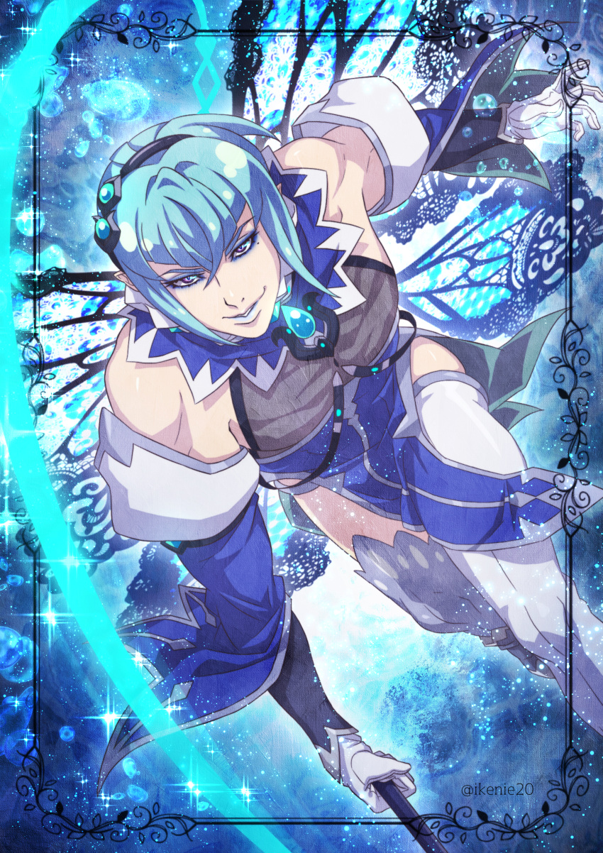 1boy absurdres blue_background blue_hair blue_lips brooch eyeshadow fairy_ranmaru:anata_no_kokoro_otasuke_shimasu gloves hair_ornament highres holding holding_weapon ikenie18 jewelry looking_at_viewer makeup male_focus mole mole_under_eye pointy_ears purple_eyes seiren_uruu short_hair sidelocks solo thighhighs weapon white_gloves white_legwear wings