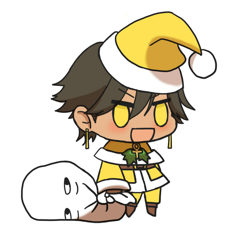 1boy :d alternate_costume blush brown_footwear brown_hair chibi christmas dark-skinned_male dark_skin ear_piercing fate/grand_order fate_(series) fur-trimmed_jacket fur_trim gift_bag hair_between_eyes hat highres holding holding_sack jacket kkeiixxx long_sleeves male_focus meme no_pupils ozymandias_(fate) padoru_(meme) piercing red_headwear sack santa_costume santa_hat smile solo white_background yellow_headwear yellow_jacket