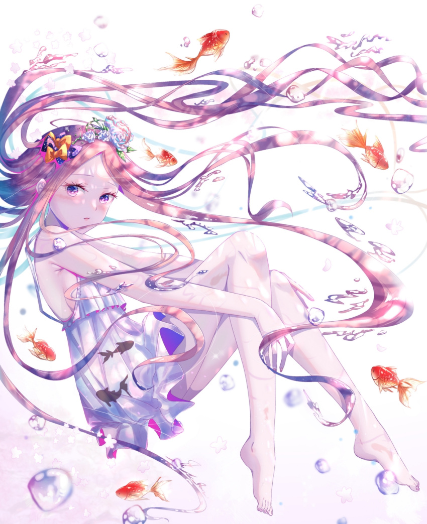 1girl abigail_williams_(fate) animal bangs bare_arms bare_shoulders barefoot black_bow bow brown_hair commentary_request dress fate/grand_order fate_(series) fish floating_hair flower full_body goldfish gradient_hair hair_bow hair_flower hair_ornament highres kinom_(sculpturesky) knees_up long_hair looking_at_viewer multicolored_hair multiple_hair_bows orange_bow parted_bangs parted_lips pink_background polka_dot polka_dot_bow purple_eyes rose sleeveless sleeveless_dress solo star_(symbol) very_long_hair water_drop white_background white_dress white_flower white_rose