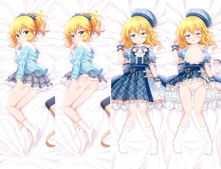 1girl :d ass ayase_midori bangs bar_censor beret blonde_hair blue_bow blue_cardigan blue_headwear blue_jacket blue_skirt blush bow breasts breasts_outside cardigan censored closed_mouth commentary_request dakimakura_(medium) eyebrows_visible_through_hair frilled_skirt frills green_eyes grey_skirt hair_between_eyes hair_bow half-closed_eyes hat idolmaster idolmaster_cinderella_girls jacket layered_skirt long_hair lying multiple_views nipples on_back on_side plaid plaid_bow plaid_skirt pleated_skirt ponytail puffy_short_sleeves puffy_sleeves pussy sakurai_momoka shirt short_sleeves skirt small_breasts smile white_shirt wrist_cuffs
