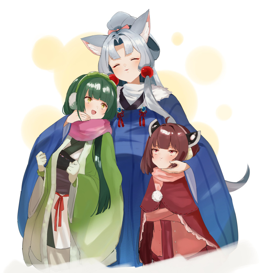 3girls :t absurdres animal_ears bangs beads blue_kimono blunt_bangs blush brown_hair closed_eyes commentary crossed_arms dark_green_hair earmuffs fur-trimmed_kimono fur_trim gloves green_gloves green_jacket grey_hair hair_beads hair_ornament hairband hand_on_another's_cheek hand_on_another's_face headgear highres jacket japanese_clothes kimono long_hair looking_at_another looking_up multiple_girls obi open_mouth pea_pod pink_jacket pink_scarf pom_pom_(clothes) ponytail pout red_eyes red_shawl sash scarf shiny shiny_hair short_hair siblings sidelocks sisters smile touhoku_itako touhoku_kiritan touhoku_zunko upper_body voiceroid white_background white_kimono wide_sleeves wolf_ears yakata_tata yellow_eyes