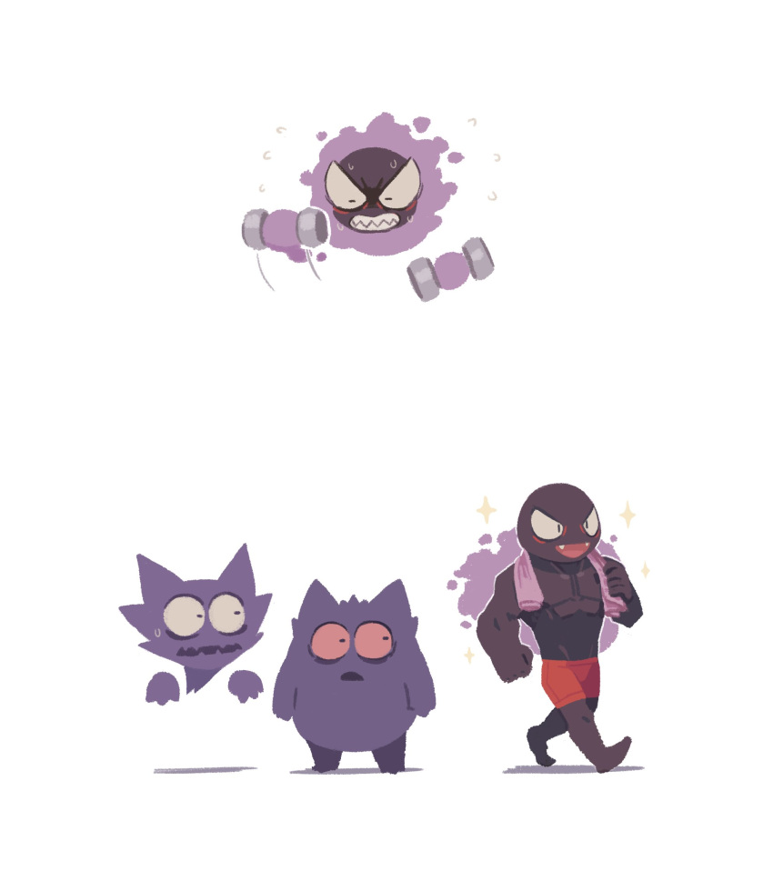 :d commentary disembodied_limb dumbbell evolutionary_line fangs floating gastly gengar ghost haunter highres holding muscular no_humans o_o open_mouth plainwhite pokemon pokemon_(creature) sharp_teeth shorts simple_background smile sparkle standing sweat symbol-only_commentary teeth towel walking weightlifting white_background
