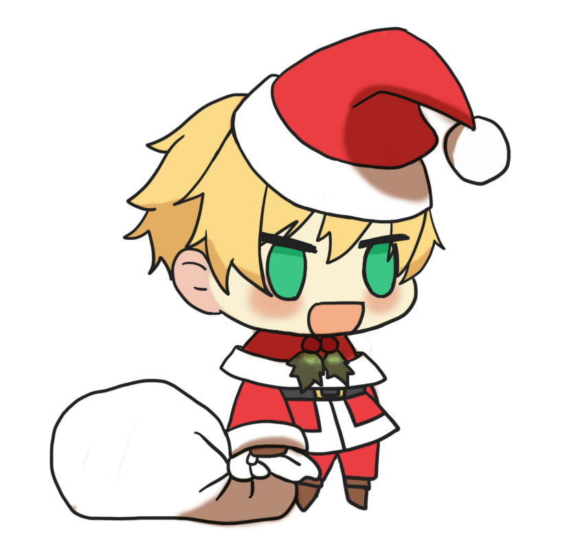 1boy :d alternate_costume arthur_pendragon_(fate) blonde_hair blush brown_footwear chibi christmas fate/grand_order fate_(series) fur-trimmed_jacket fur_trim gift_bag green_eyes hat highres holding holding_sack jacket kkeiixxx long_sleeves male_focus meme no_pupils padoru_(meme) pants red_headwear red_jacket red_pants sack santa_costume santa_hat smile solo white_background