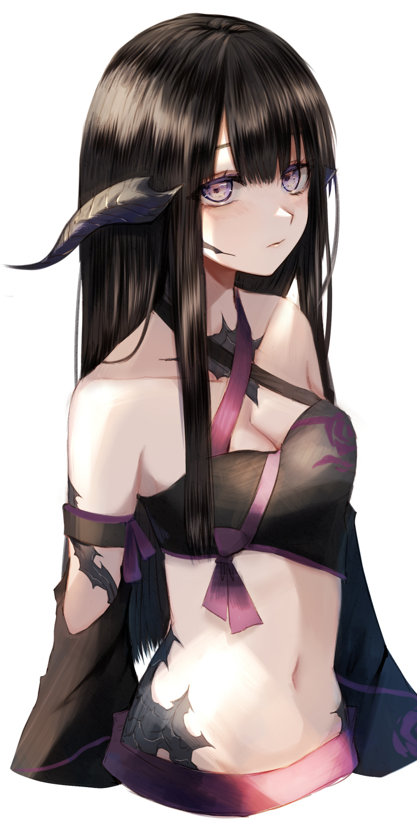 1girl absurdres au_ra avatar_(ffxiv) bangs bare_shoulders black_camisole black_hair blunt_bangs breasts camisole cleavage collarbone commentary criss-cross_halter detached_sleeves dragon_horns final_fantasy final_fantasy_xiv halterneck highres hime_cut horns long_hair long_sleeves looking_at_viewer maho_moco midriff navel purple_eyes scales sidelocks simple_background solo straight_hair upper_body white_background