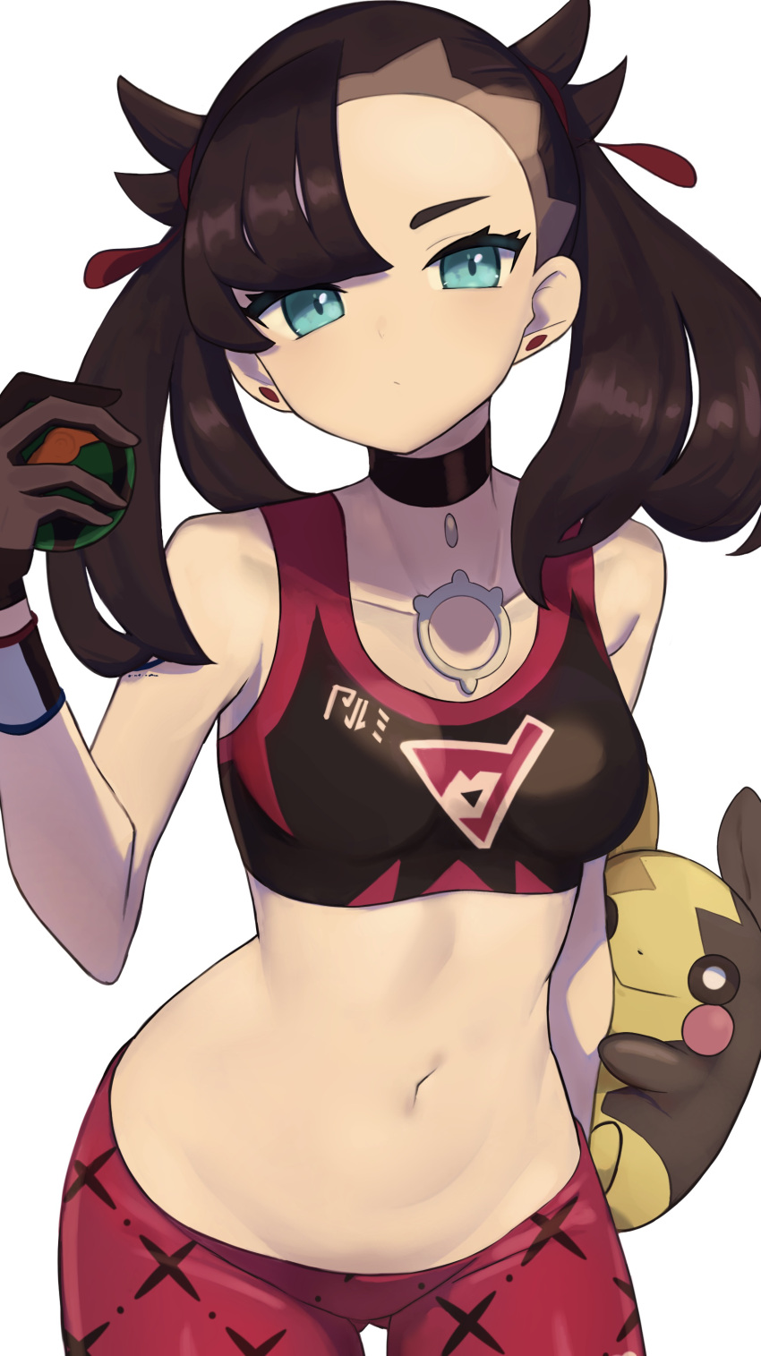 1girl absurdres ass_visible_through_thighs asymmetrical_bangs bangs black_choker black_gloves black_hair breasts choker closed_mouth commentary cowboy_shot dusk_ball dynamax_band ear_piercing gloves green_eyes hair_ribbon hand_up highres holding holding_poke_ball marnie_(pokemon) midriff morpeko morpeko_(full) navel nuneno official_alternate_costume pants pendant_choker piercing poke_ball pokemon pokemon_(creature) pokemon_(game) pokemon_swsh red_ribbon ribbon small_breasts sports_bra tight tight_pants twintails two_side_up