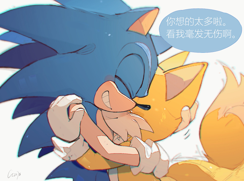 2boys animal_ears blue_fur c52278 chinese_commentary close-up commentary_request fox_boy fox_ears fox_tail furry furry_male gloves hands_on_another's_head hedgehog_ears highres hug male_focus multiple_boys simple_background smile sonic_(series) sonic_the_hedgehog tail tails_(sonic) tearing_up teeth translation_request white_background white_gloves yellow_fur
