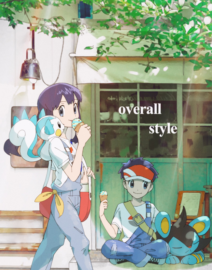 1boy 1girl black_hair closed_mouth commentary_request dawn_(pokemon) day grey_eyes grey_overalls highres hungry_seishin lucas_(pokemon) luxio outdoors overalls pachirisu pokemon pokemon_(creature) pokemon_(game) pokemon_bdsp pokemon_on_back red_headwear ribbon shirt shoes short_hair sitting smile standing strap t-shirt visor_cap walking white_shirt yellow_ribbon