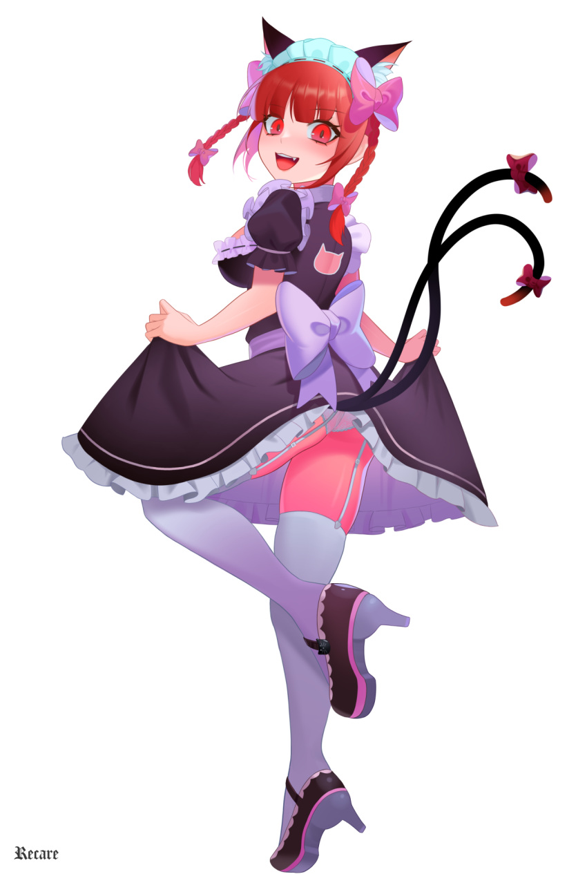 1girl :d alternate_costume animal_ears ass blush bow braid cat_ears enmaided fang full_body garter_straps highres kaenbyou_rin lifted_by_self looking_at_viewer looking_back maid nekomata nose_blush recare red_eyes red_hair simple_background slit_pupils smile solo standing standing_on_one_leg thighhighs touhou twin_braids twintails white_background white_legwear