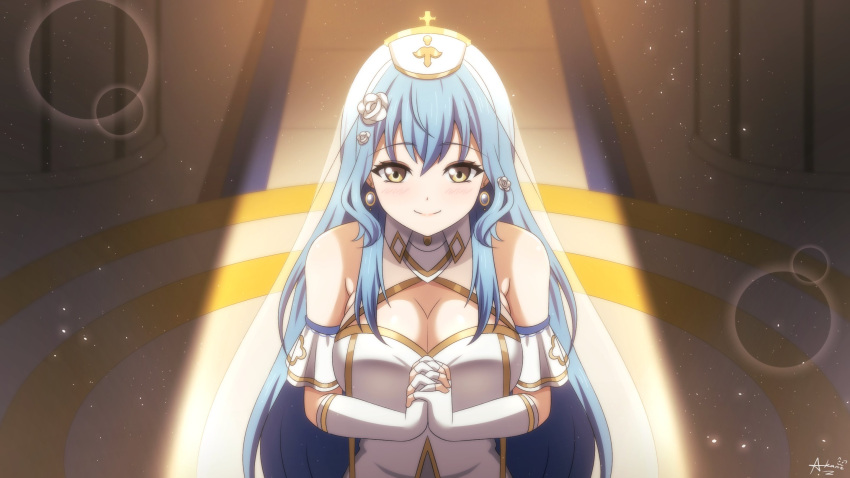blue_hair blush breasts cleavage cleavage_cutout clothing_cutout detached_sleeves dress english_commentary flower hair_flower hair_ornament highres large_breasts long_hair namiji_freesia own_hands_clasped own_hands_together production_kawaii rose short_sleeves smile spotlight veil virtual_youtuber white_dress white_flower white_headwear white_rose yellow_eyes yuuseiakane