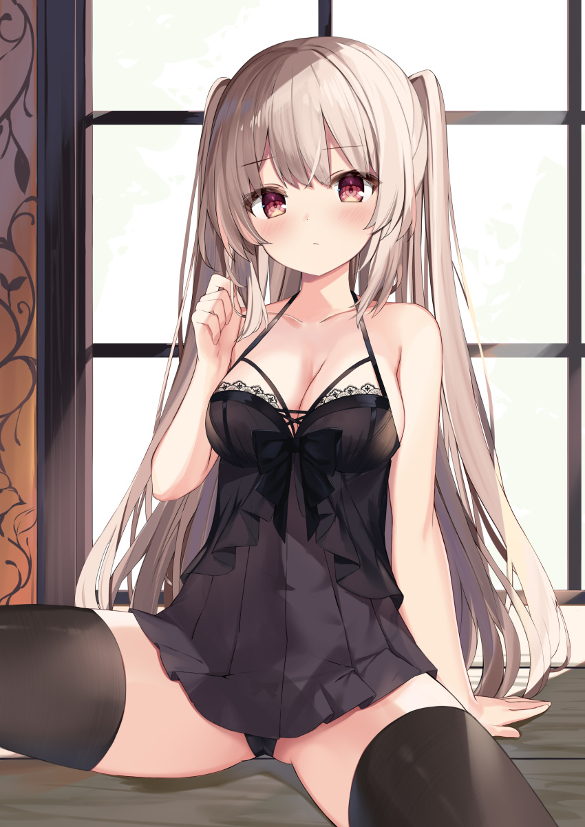 1girl absurdres bare_arms bare_shoulders black_legwear black_panties breasts chemise cleavage collarbone commentary_request frown fuyuki030 grey_hair halterneck hand_up highres lingerie long_hair looking_at_viewer medium_breasts original panties panty_peek red_eyes sitting solo spaghetti_strap spread_legs thighhighs thighs two_side_up underwear underwear_only very_long_hair