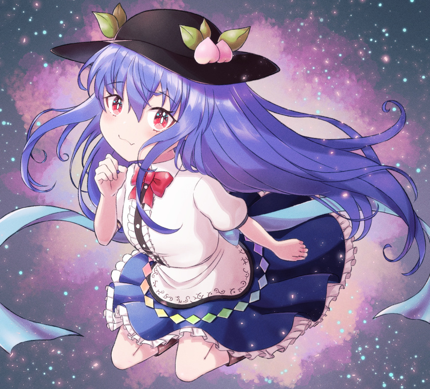 1girl :3 bangs black_headwear blue_hair blue_skirt bow bowtie bright_pupils brown_footwear closed_mouth eyebrows_visible_through_hair food frilled_skirt frills fruit full_body highres hinanawi_tenshi leaf long_hair looking_at_viewer noritamaru peach rainbow_gradient red_bow red_bowtie red_eyes shirt short_sleeves skirt smile solo space star_(sky) touhou white_pupils white_shirt