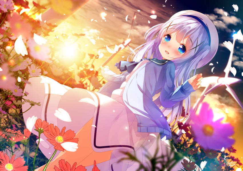 1girl :d artist_name ascot bangs beret black_neckwear blue_cardigan blue_eyes blue_hair blue_jacket blurry blurry_foreground blush cardigan chinomaron commentary_request dated depth_of_field dress eyebrows_visible_through_hair flower gochuumon_wa_usagi_desu_ka? hair_between_eyes hair_ornament hand_up happy_birthday hat highres jacket kafuu_chino long_hair long_sleeves looking_at_viewer looking_back open_cardigan open_clothes open_jacket open_mouth outdoors petals purple_flower red_flower sailor_hat signature sleeves_past_wrists smile solo sunset two_side_up very_long_hair white_dress white_flower white_headwear wind_turbine x_hair_ornament