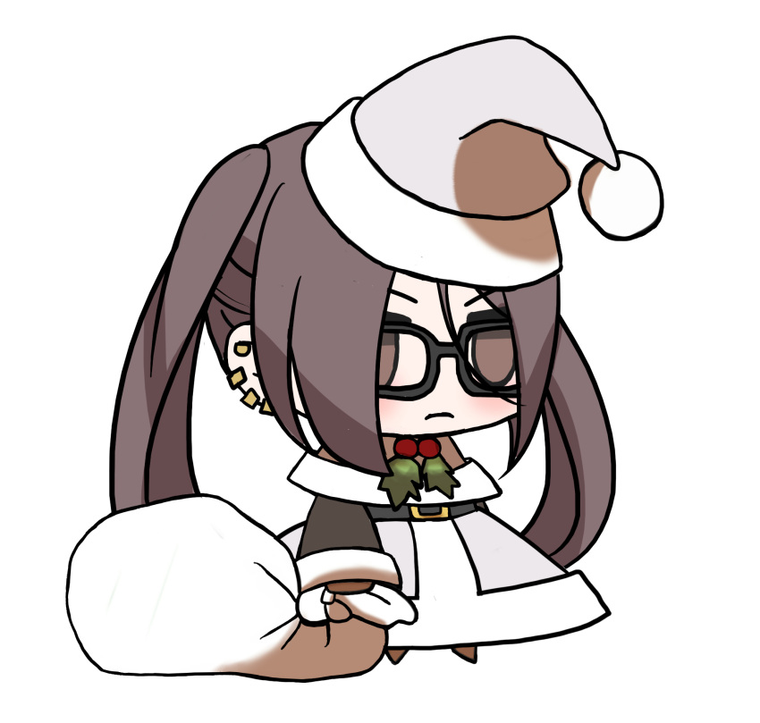 1girl :d akuta_hinako alternate_costume blush brown_eyes brown_footwear brown_hair chibi christmas fate/grand_order fate_(series) fur-trimmed_jacket fur_trim gift_bag glasses grey_headwear hat highres holding holding_sack jacket kkeiixxx long_hair long_sleeves meme no_pupils padoru_(meme) red_headwear sack santa_costume santa_hat smile solo white_background