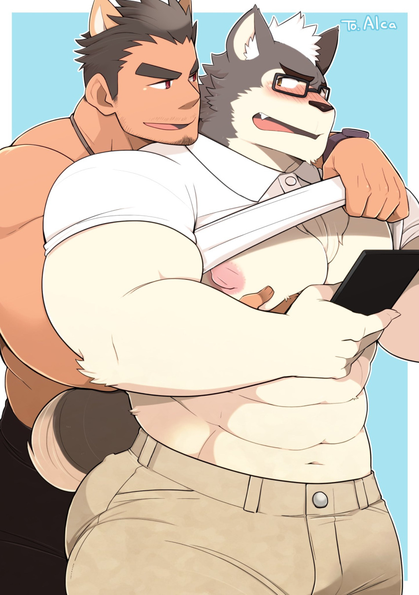 2boys abs alca animal_ears bara bare_pectorals beenic beige_pants blush bulge clothes_lift collared_shirt commission dark-skinned_male dark_skin dog_boy dog_ears facial_hair fang furry furry_male furry_with_non-furry glasses goatee grabbing grey_fur grey_hair gyee highres holding holding_phone interspecies inverted_nipples large_pectorals lifted_by_another lion_ears male_focus mature_male multiple_boys muscular muscular_male navel nipples original pectoral_grab pectorals phone second-party_source shirt shirt_lift short_hair sideburns smile stomach takezamurai thick_eyebrows thick_thighs thighs two-tone_fur underpec undressing_another yaoi