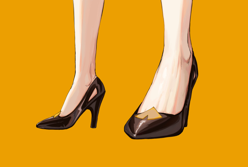 1girl absurdres baishui bare_legs black_footwear feet_only genshin_impact high_heels highres legs lower_body ningguang_(genshin_impact) simple_background solo yellow_background