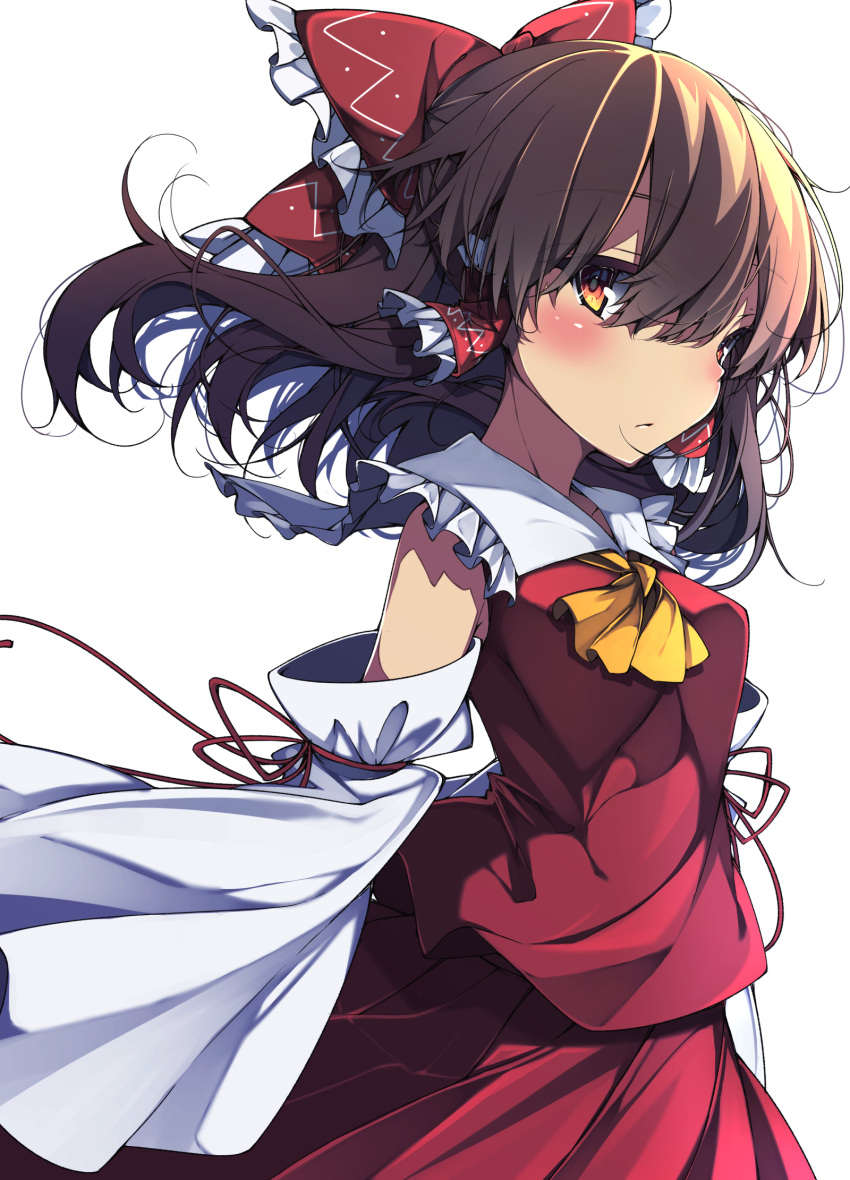 1girl ascot bangs bow brown_hair closed_mouth commentary detached_sleeves eyebrows_visible_through_hair from_side hair_bow hair_tubes hakurei_reimu highres looking_at_viewer medium_hair nontraditional_miko red_bow red_eyes red_shirt shirt simple_background solo standing tangusuten touhou white_background wide_sleeves yellow_neckwear