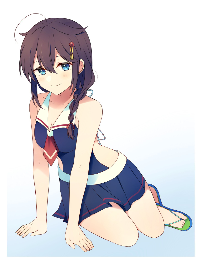 1girl adapted_costume ahoge arm_support black_hair black_skirt black_swimsuit blue_eyes braid full_body hair_flaps hair_ornament hair_over_shoulder highres kantai_collection pleated_skirt remodel_(kantai_collection) sailor_collar sandals shigure_(kancolle) simple_background single_braid sitting skirt solo swimsuit swimsuit_skirt white_background white_sailor_collar yokozuwari yukichi_(eikichi)