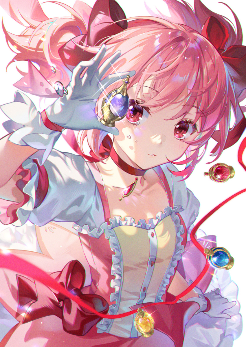 1girl blush bow breasts dress ekita_kuro expressionless facing_viewer frilled_dress frills from_above gem gloves hair_bow hand_up highres holding holding_gem jewelry kaname_madoka looking_at_object magical_girl mahou_shoujo_madoka_magica medium_hair necklace parted_lips pink_dress pink_eyes pink_hair red_bow red_eyes red_ribbon ribbon short_sleeves small_breasts solo soul_gem white_gloves