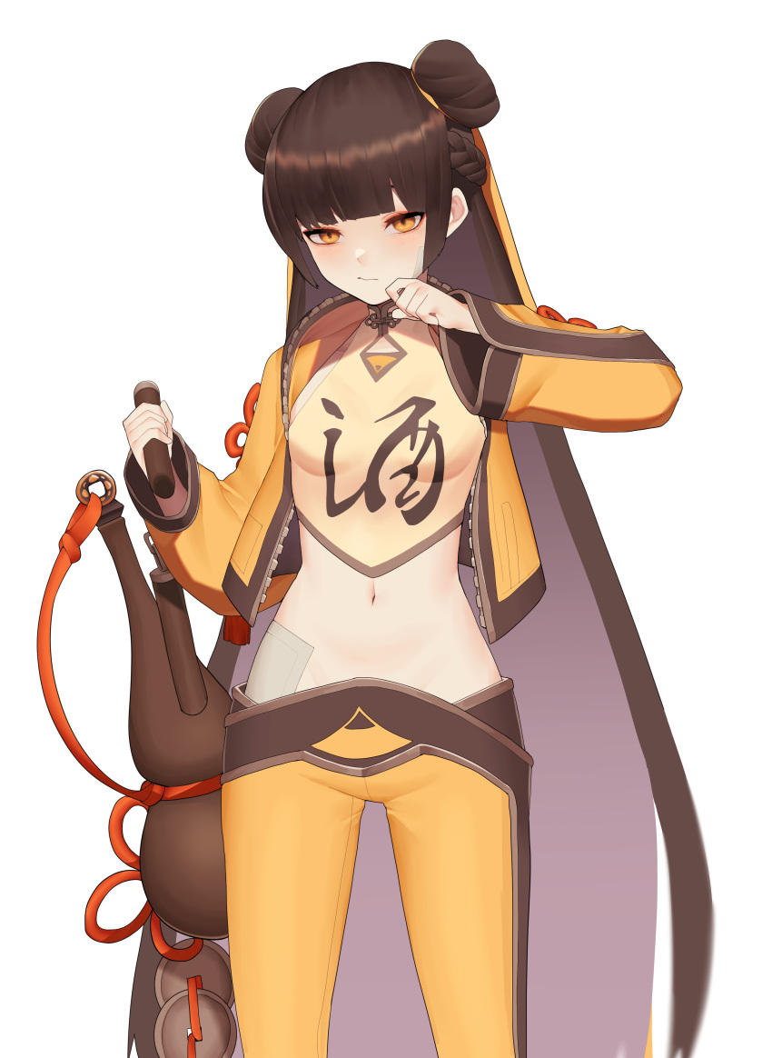 1girl 3: absurdres arm_up bandages black_survival bobby36446329 breasts brown_hair chinese_clothes closed_mouth crop_top double_bun dudou expressionless highres holding jacket li_dailin long_hair long_sleeves looking_at_viewer midriff navel nunchaku open_clothes open_jacket orange_eyes pants shirt simple_background sleeveless sleeveless_shirt small_breasts solo standing stomach very_long_hair weapon white_background yellow_jacket yellow_pants yellow_shirt