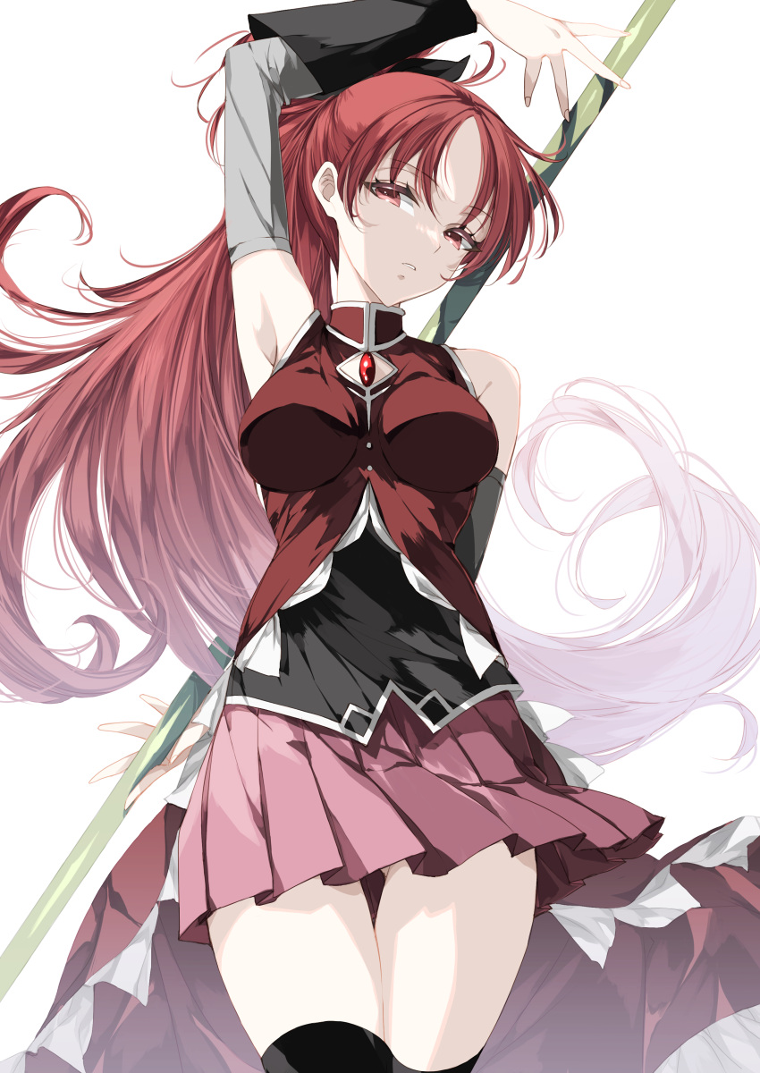 1girl absurdres arm_up bare_shoulders black_legwear boots breasts detached_sleeves highres long_hair looking_at_viewer magical_girl mahou_shoujo_madoka_magica medium_breasts misteor pink_skirt polearm ponytail red_eyes red_hair sakura_kyouko shiny shiny_hair simple_background skirt solo spear standing thighhighs weapon white_background