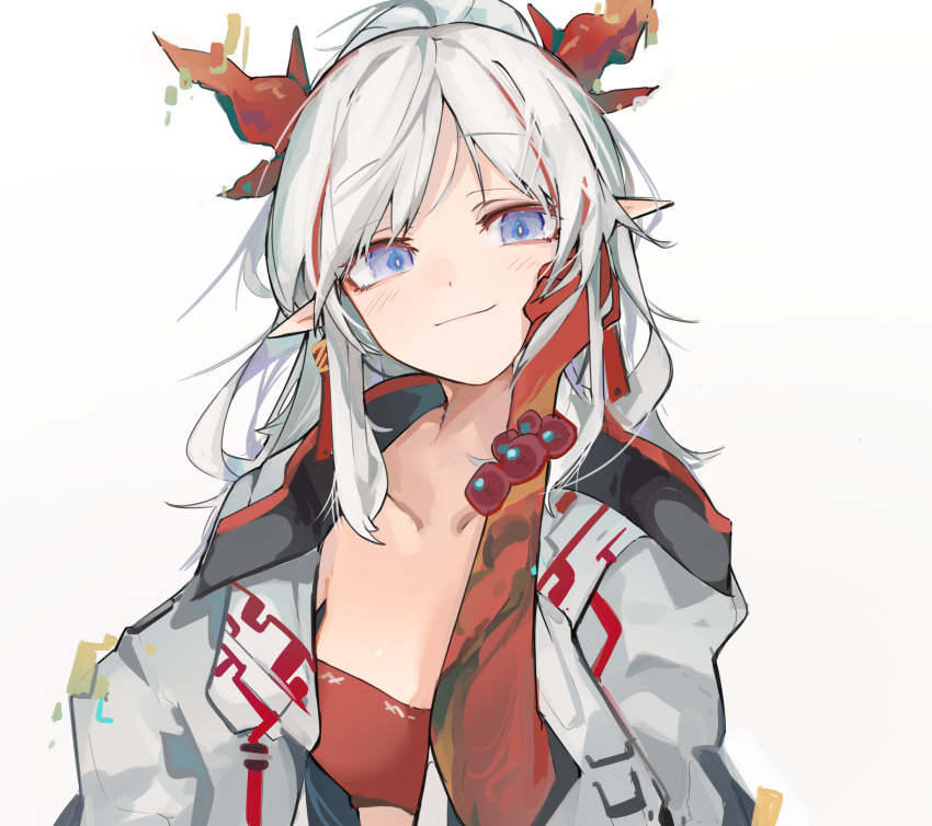 1girl arknights arm_tattoo bead_bracelet beads blue_eyes bracelet collarbone colored_skin dragon_horns ear_piercing eyebrows_visible_through_hair hand_up highres horns jacket jewelry looking_at_viewer mikojin nian_(arknights) open_clothes open_jacket piercing pointy_ears red_bandeau red_hair red_skin simple_background smile solo tattoo upper_body white_background white_hair white_jacket