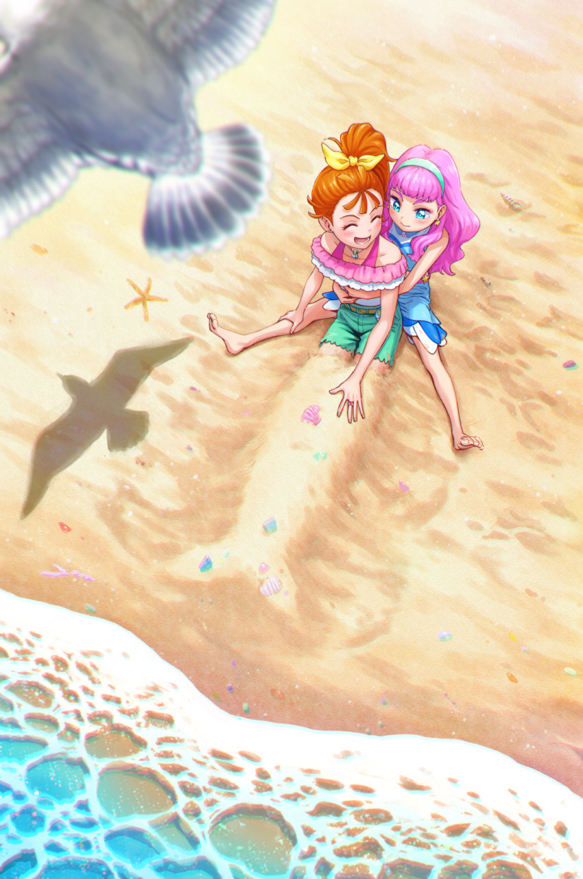 2girls :d ^_^ arms_around_waist bare_legs barefoot beach bird blue_eyes blue_hairband blue_skirt blurry blurry_foreground blush bow brown_hair buried closed_eyes collarbone commentary day earrings foam from_above green_shorts hair_bow hair_pulled_back hairband high_ponytail highres hug hug_from_behind itou_shin'ichi jewelry laura_la_mer long_hair miniskirt multiple_girls natsuumi_manatsu on_ground orange_hair outdoors pink_hair precure sand sand_sculpture shadow shiny shiny_hair short_shorts shorts sitting skirt sleeveless smile spread_legs starfish tropical-rouge!_precure water wide_shot yellow_bow