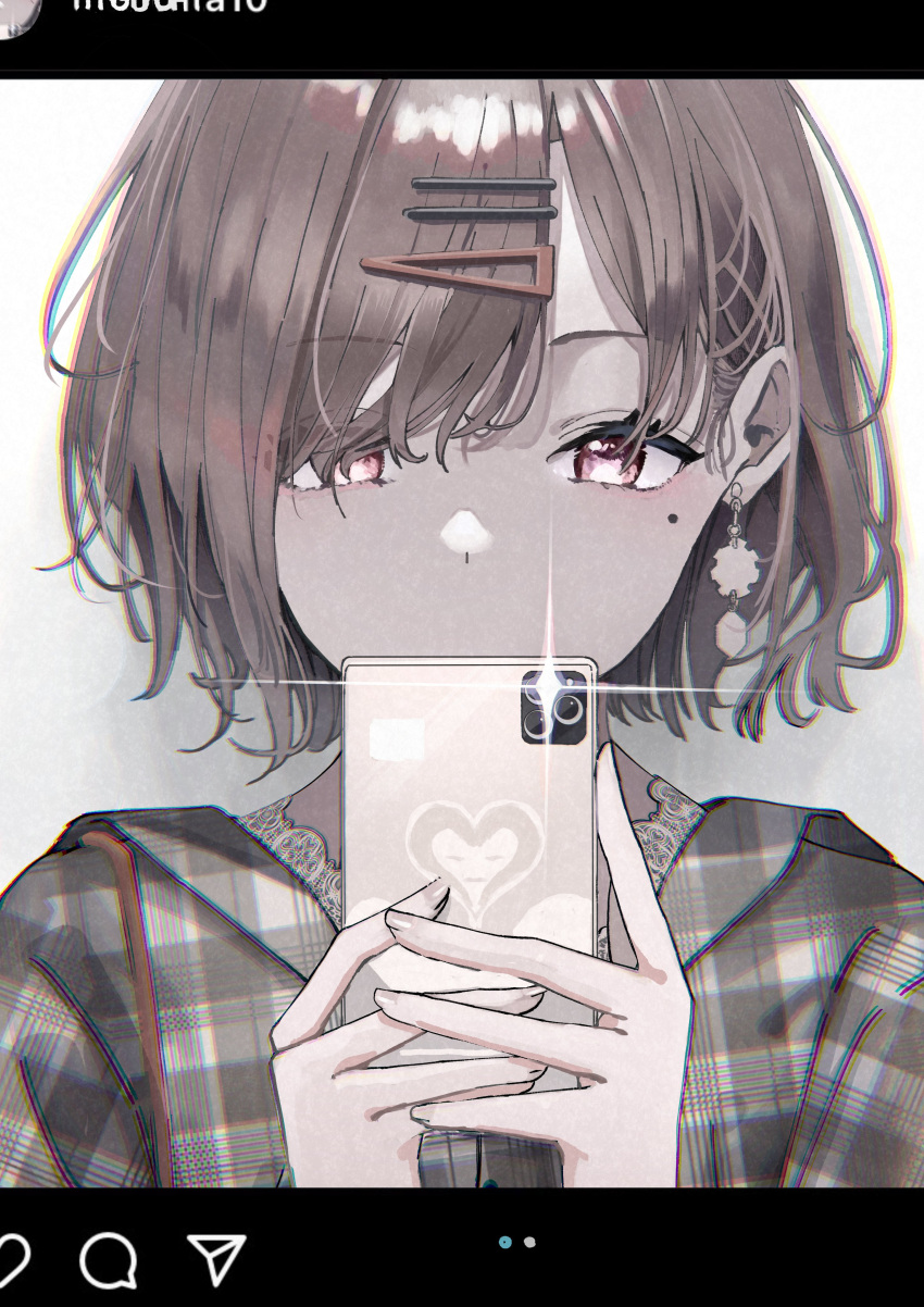 1girl absurdres amane_kashiko cellphone commentary earrings eyebrows_visible_through_hair hair_ornament hairclip hairpin highres higuchi_madoka holding holding_phone idolmaster idolmaster_shiny_colors instagram jacket jewelry lace-trimmed_shirt lace_trim letterboxed looking_at_phone mole mole_under_eye phone plaid plaid_jacket red_eyes red_hair selfie shirt short_hair solo sparkle upper_body