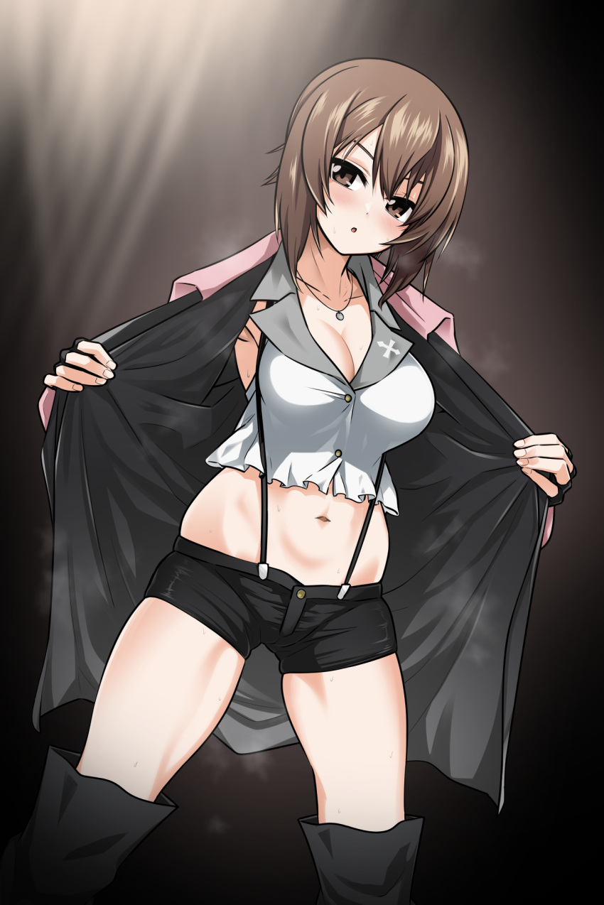 1girl :o bangs black_background black_footwear black_gloves black_shorts blush boots breasts brown_eyes brown_hair cleavage coat commentary_request fingerless_gloves girls_und_panzer gloves highres insignia jewelry looking_at_viewer medium_breasts midriff navel navel_piercing necklace nishizumi_maho open_clothes open_coat open_mouth opened_by_self piercing pink_coat saitou_gabio shirt short_hair short_shorts shorts sleeveless sleeveless_shirt solo standing suspender_shorts suspenders sweat thigh_boots thighhighs