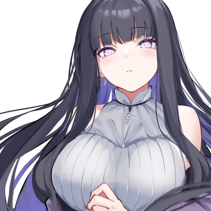 1girl bangs bare_shoulders black_hair blunt_bangs breasts commentary_request earrings eyebrows_visible_through_hair floating_hair grey_sweater high_collar highres hyuuga_hinata jewelry konohagakure_symbol large_breasts light_blush long_hair looking_at_viewer naruto_(series) naruto_shippuuden parted_lips purple_eyes simple_background sleeveless sleeveless_sweater solo spider_apple sweater underwear upper_body white_background