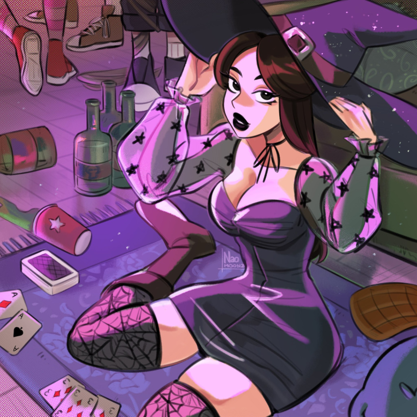 1girl ace_of_diamonds ace_of_spades black_dress black_eyes black_footwear black_hair black_headwear black_legwear boots bottle breasts card cleavage cup dress hands_on_headwear hat hat_belt highres long_hair long_sleeves medium_breasts naomoonz phineas_and_ferb playing_card print_legwear rug see-through_sleeves sitting skindentation solo spider_web_print thighhighs three_of_diamonds vanessa_doofenshmirtz witch_hat