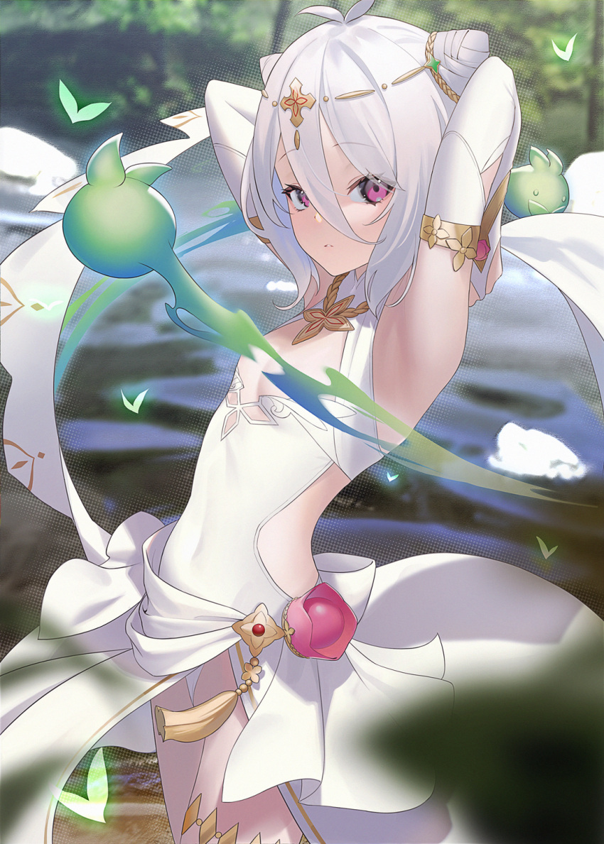 1girl armpits arms_behind_head arms_up bangs breasts commentary day dress elbow_gloves eyebrows_visible_through_hair eyes_visible_through_hair gloves hair_between_eyes hair_cones hair_ornament highres kokkoro_(princess_connect!) outdoors pink_eyes princess_connect! sleeveless sleeveless_dress small_breasts solo white_dress white_gloves white_hair yaye